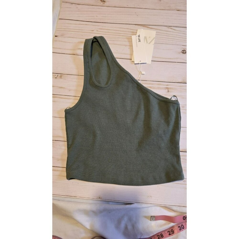 Zara Top one shoulder asymmetrical knit Crop tank womens Medium NWT Green Sexy